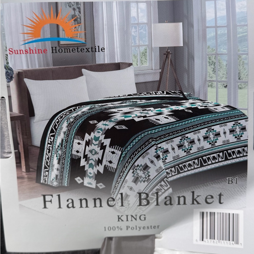 King size super soft Flannel blanket thick southwestern Aztec black white azul - Picture 2 of 3